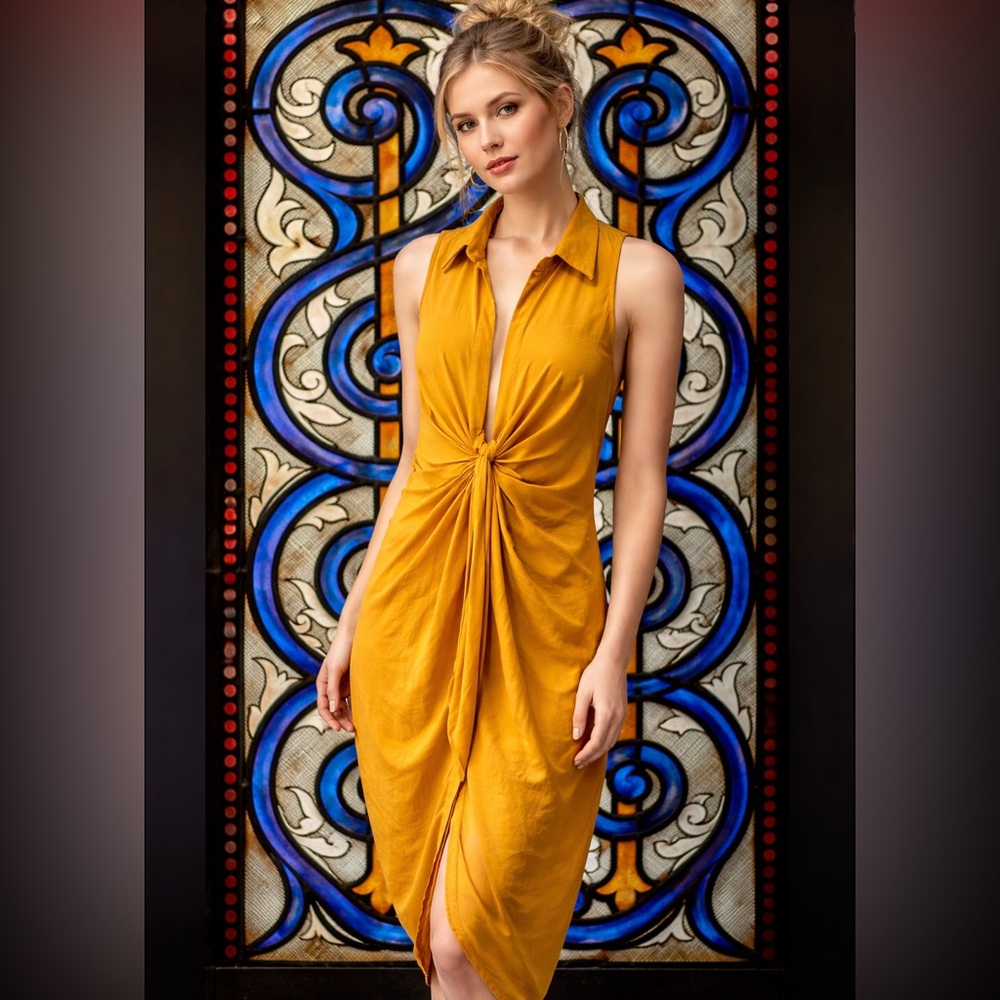 Fashion Nova 2XL Mustard Front Knot Drape Midi Dress – Collared Sleeveless Chic